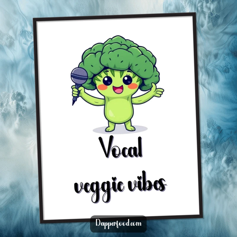 Funny poster art of a proud broccoli floret character holding a tiny microphone, ready to captivate an audience with its performance.