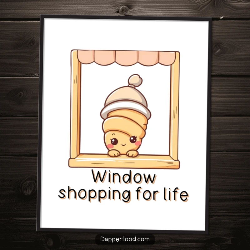 Funny croissant character with a tiny hat peeking from a bakery window, displayed as charming wall art.