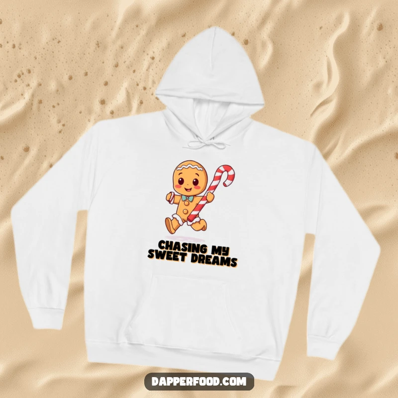 Funny gingerbread man character with arms running with a giant candy cane on a cozy hoodie, perfect for winter.
