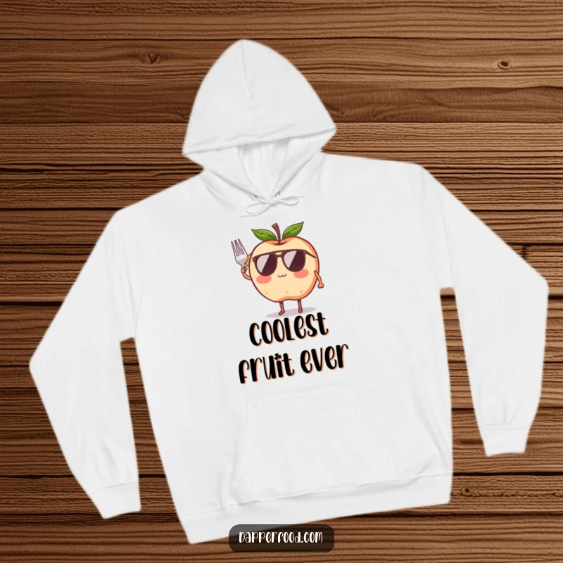 Funny hoodie featuring a blushing apple character in sunglasses, saluting with a tiny fork, a cool and humorous design.