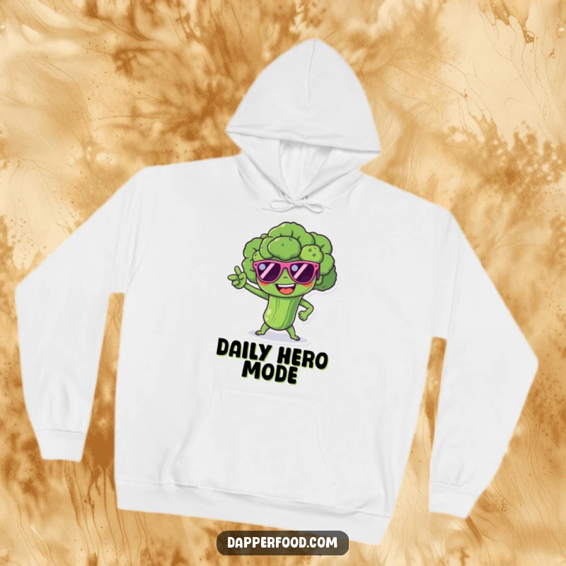 Funny broccoli spear character in tiny sunglasses, striking a superhero pose, featured on a comfortable and funny hoodie.