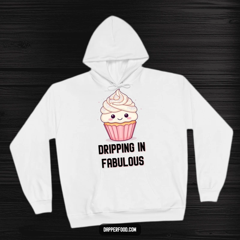 Funny cupcake hoodie featuring a cheerful character with frosting hair showered by shiny glitter, offering warmth and amusement.