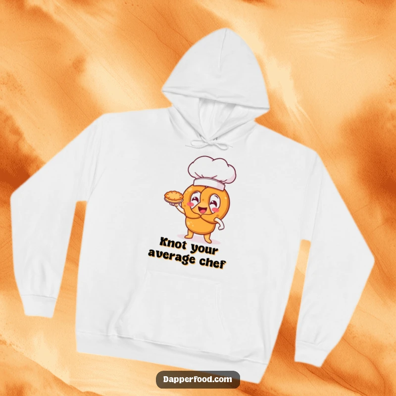 Funny pretzel character with an oversized chef hat, triumphantly presenting a miniature pie, on a comfortable and funny hoodie.