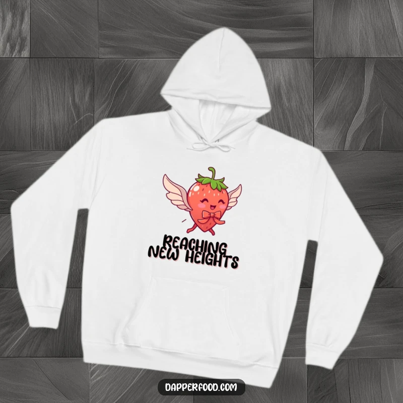 Funny hoodie with a delightful strawberry character with legs and wings, comically trying to fly with a ribbon, for ultimate cozy fun.
