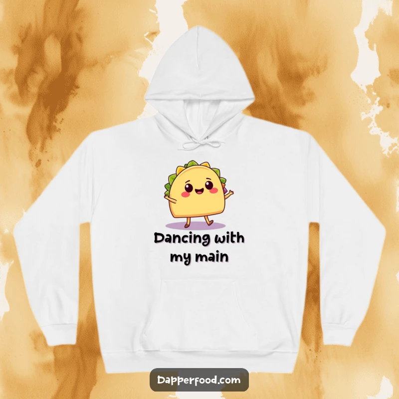 Funny Hoodie: A cheerful taco with legs salsa dances with a smiling burrito, bringing vibrant fiesta fun and warmth.