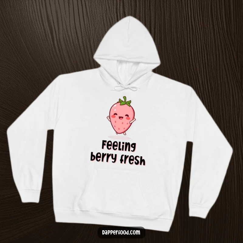 Funny Kawaii Strawberry Hoodie: A charming character twirling with delight, perfect for cozy moments, a great funny gift.