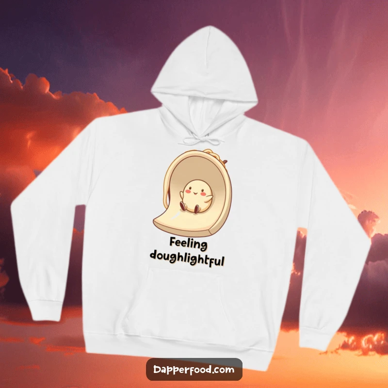 A smiling dumpling character on a noodle slide, featured on a soft hoodie for humorous, comforting wear.