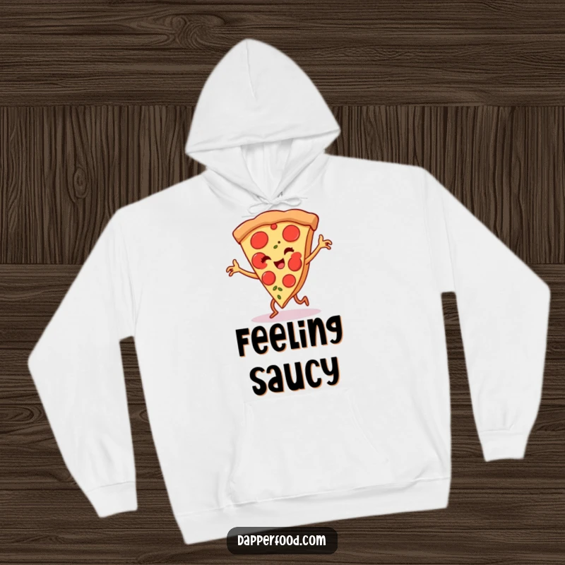 Funny pizza slice hoodie, tiny legs engaged in a passionate flamenco dance, radiating humor and vibrant energy for cozy wear.
