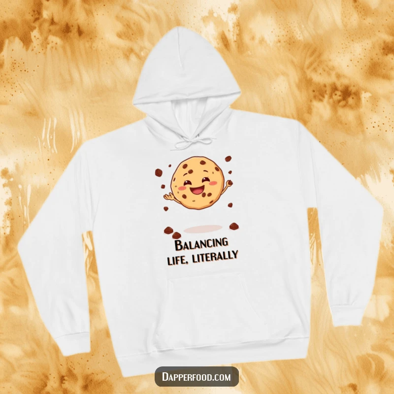 Funny hoodie featuring a happy cookie juggling chocolate chips with impressive balance and a wide grin.