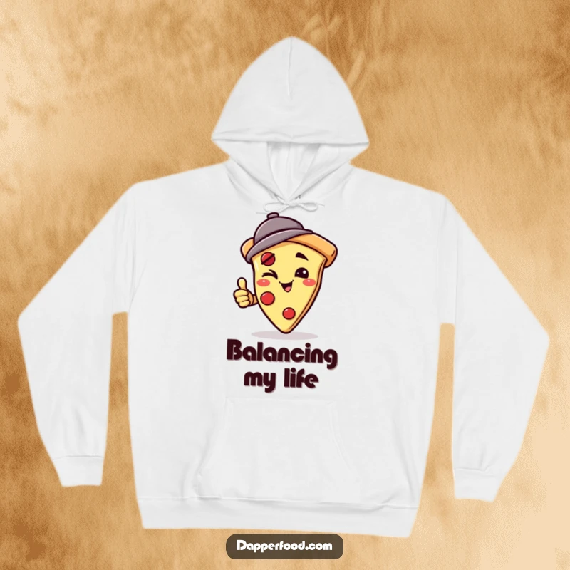 Funny hoodie with a winking pizza slice character in a jaunty hat, attempting a handstand, offering cozy warmth and playful food-themed amusement. Perfect funny gift.