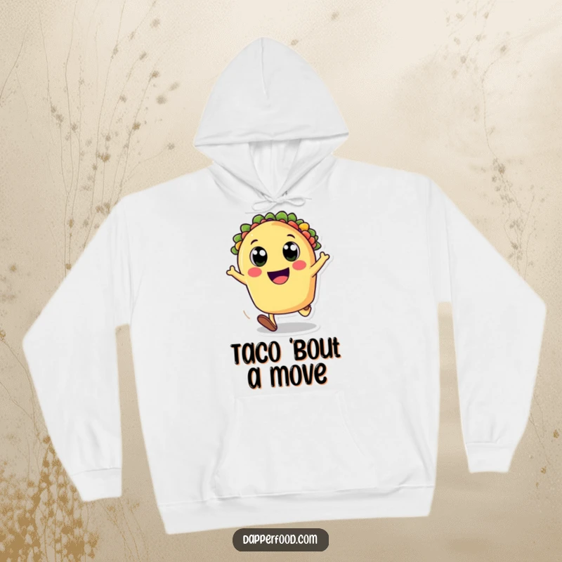 Funny hoodie featuring a happy taco character joyfully cartwheeling, designed for ultimate comfort and a splash of food-themed amusement. A great gift.