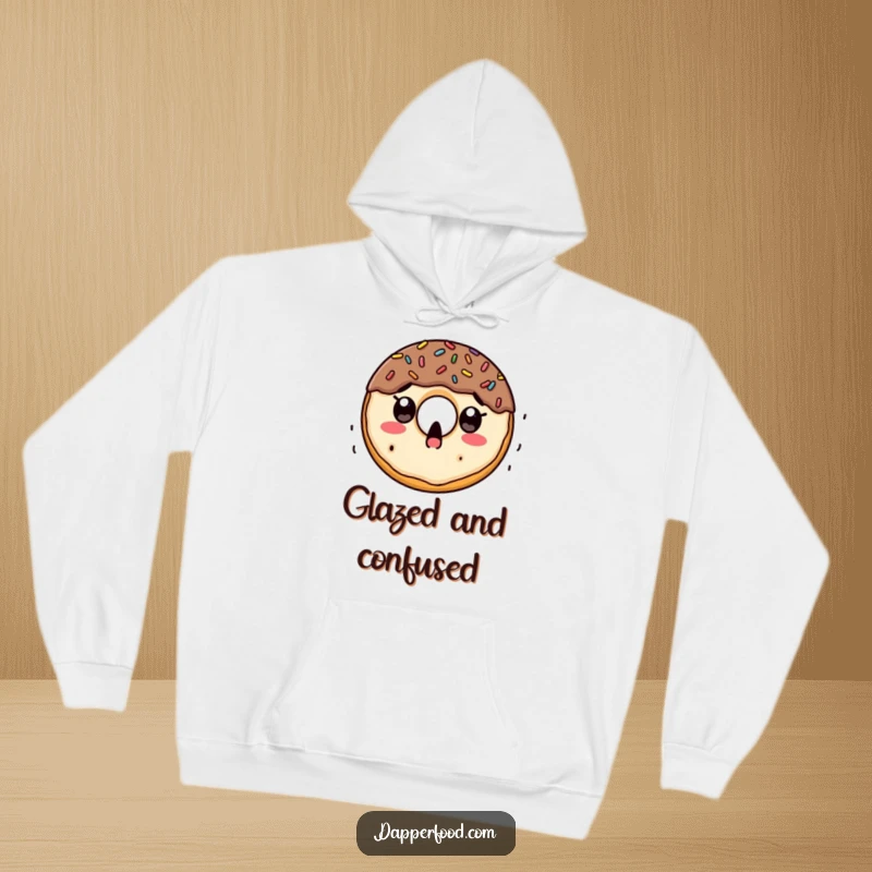 Funny hoodie design of a doughnut character looking astonished as a colorful shower of sprinkles descends upon it.