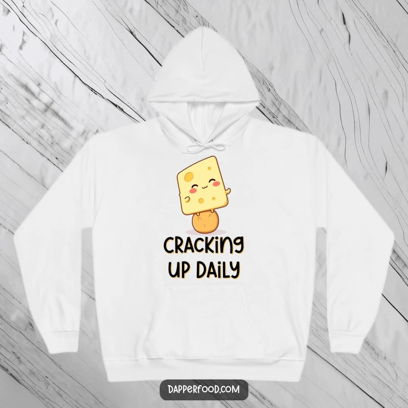 Funny cheese cracker giggle hoodie, kawaii cheese character giggling while balancing on a cracker, cozy and humorous apparel, great funny gift.