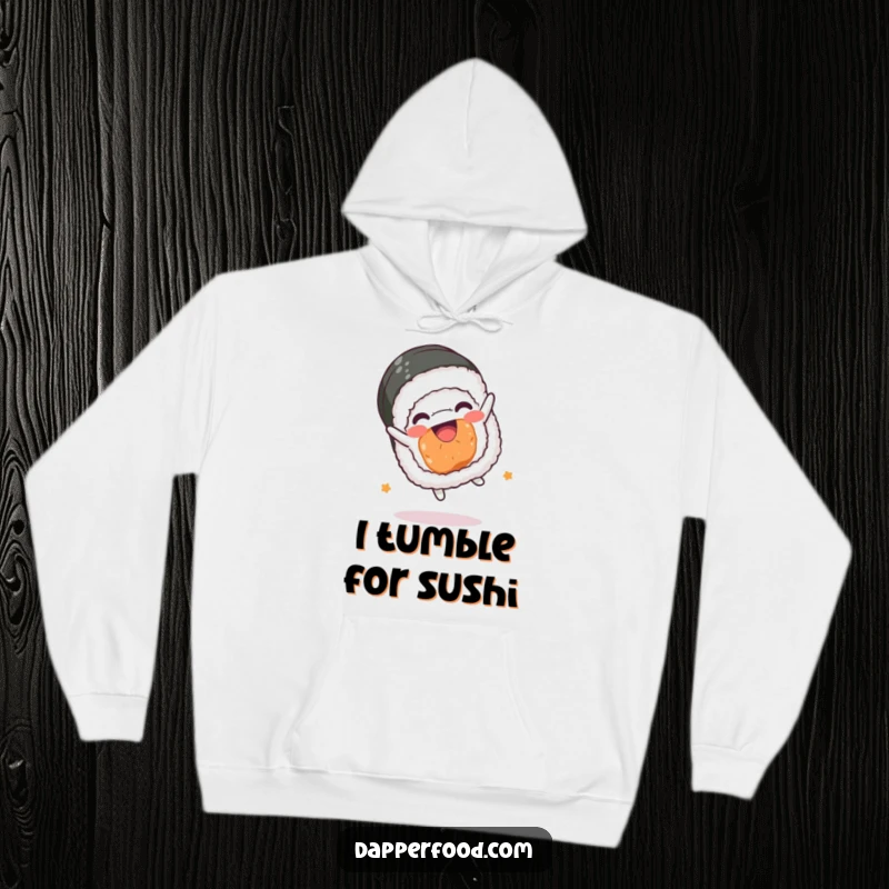 Funny sushi roll hoodie, kawaii character mid-somersault, cozy and cheerful apparel, great as a funny gift.