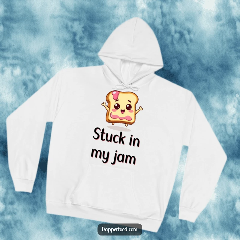 Funny hoodie design of a joyful piece of toast with eyes joyfully leaping upwards, reaching for a jelly jar, symbolizing breakfast dreams.