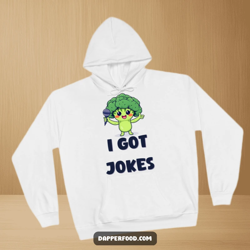 Funny hoodie with a proud broccoli floret character holding arms up and presenting a tiny microphone, perfect for a veggie star.