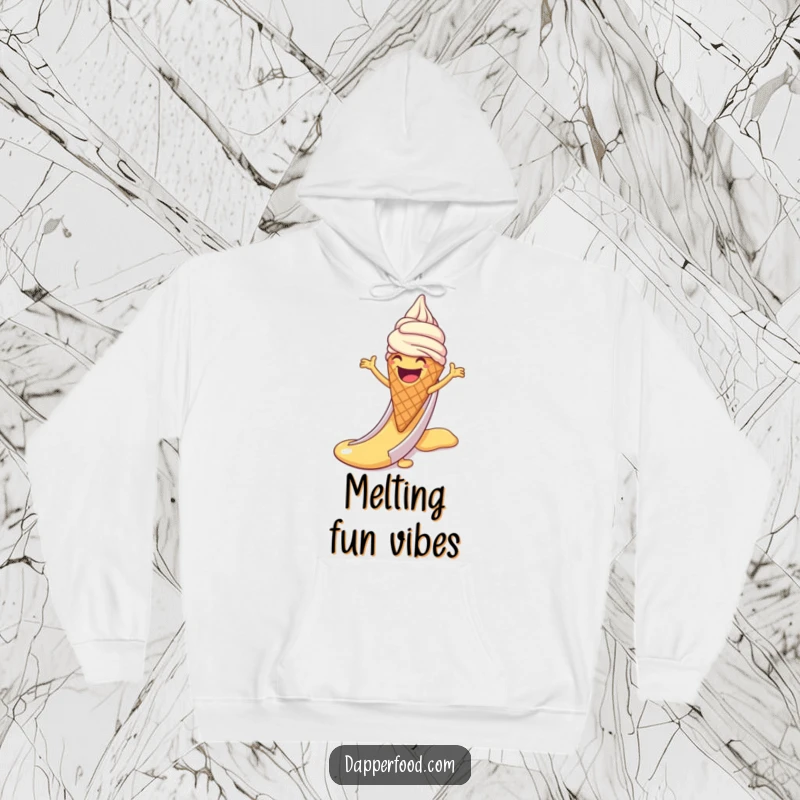 Funny hoodie design of a laughing ice cream cone with arms sliding down a syrup slide, combining warmth with sweet, playful energy.