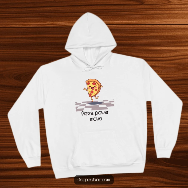 Funny pizza hoodie with a smiling character doing a cartwheel, offering cozy comfort and cheesy, joyful vibes.