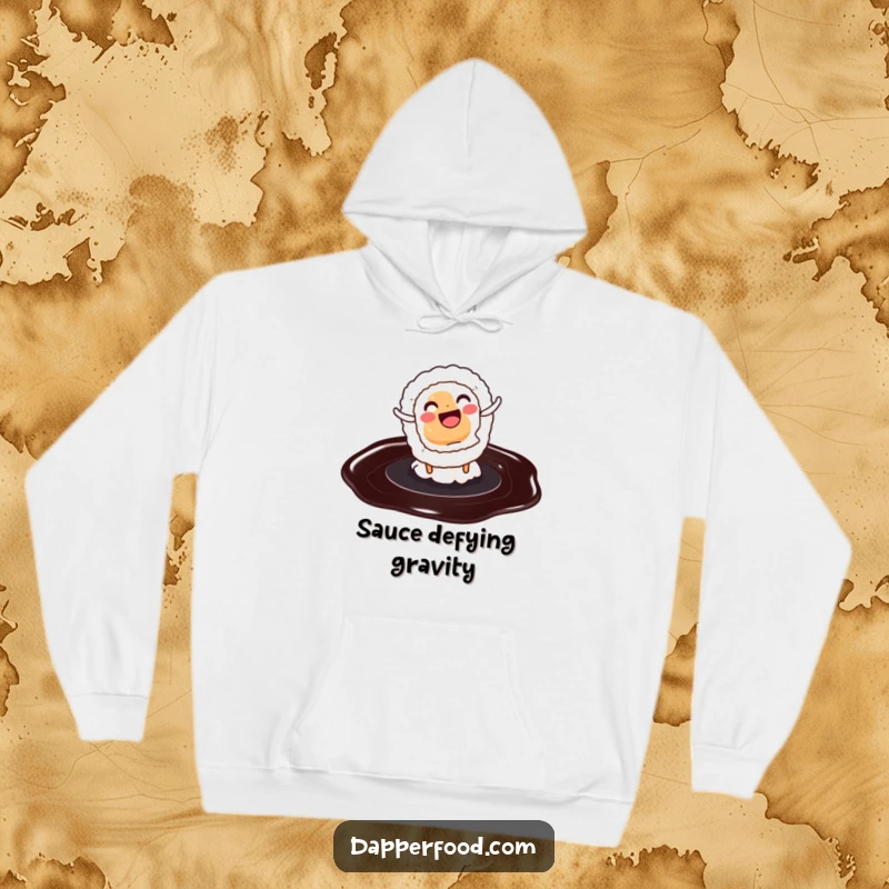 Funny hoodie showcasing a happy sushi roll doing a cartwheel on soy sauce, representing pure food-fueled excitement.