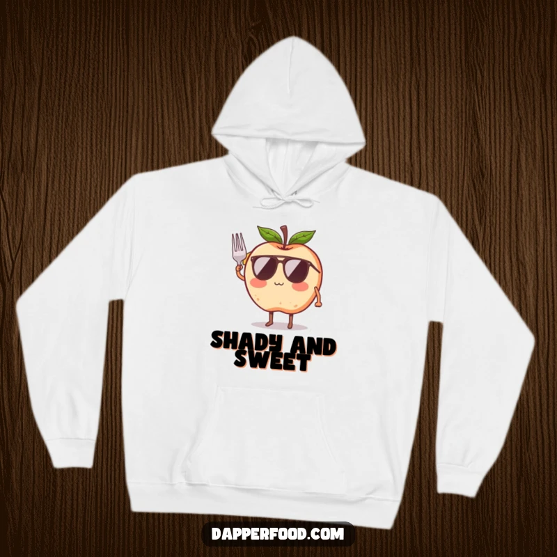 Funny hoodie featuring a blushing apple character sporting sunglasses and giving a playful salute with a small fork, radiating cool comfort.