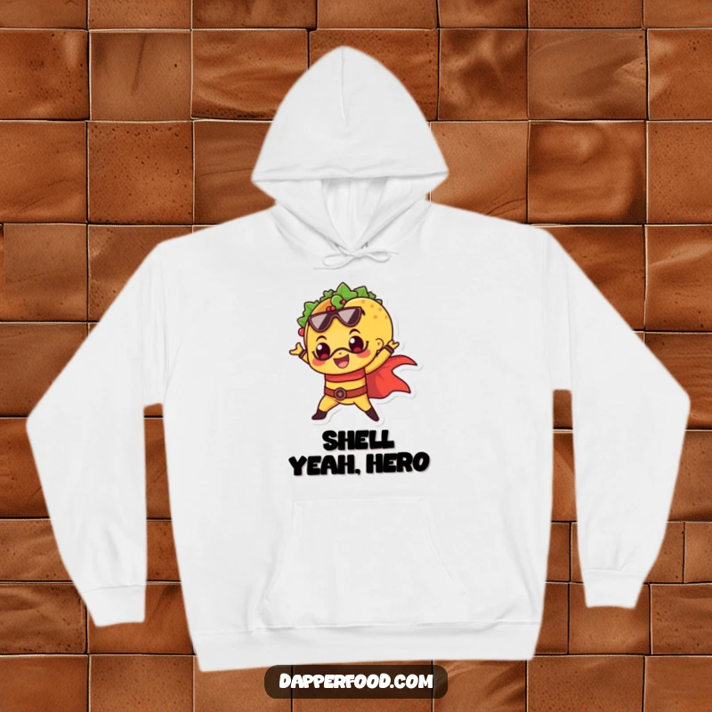 Funny hoodie with a happy taco striking a superhero pose, radiating confidence and deliciousness.