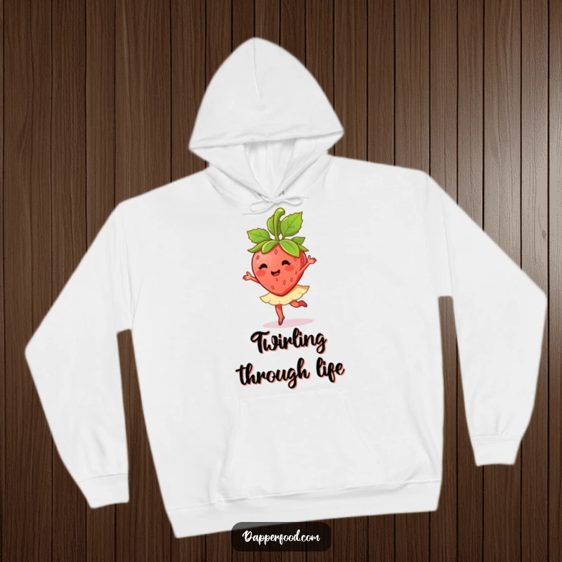 Funny anthropomorphic strawberry performing a ballet twirl with its leaves is featured on this warm and cozy hoodie.