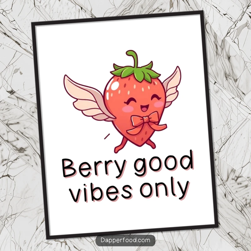 Funny free printable wall art: a strawberry character with legs and ribbon attempts to fly with small wings, full of aspiration.