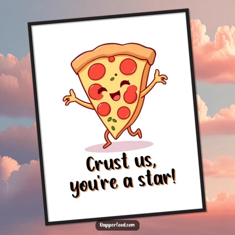 Funny Free Printable Wall Art: A happy pizza slice with tiny legs performing an energetic flamenco dance, perfect for quirky decor.