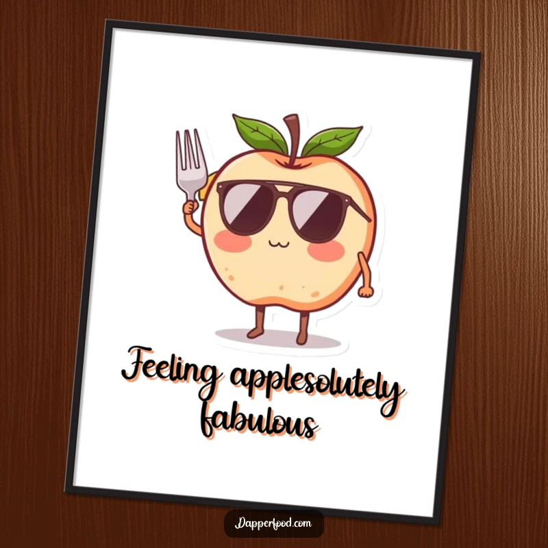 Funny free printable wall art of a blushing apple with legs, sunglasses, and a tiny fork salute, exuding cool vibes.
