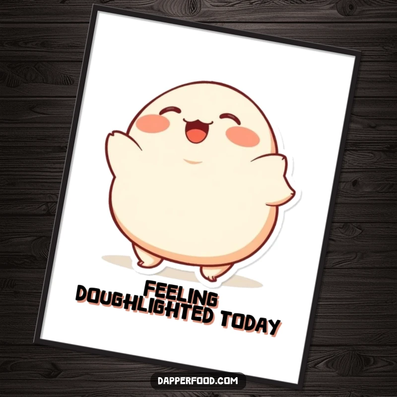 Funny Free Printable wall art of a plump, giggling dumpling character bobbing up and down excitedly, radiating pure joy.