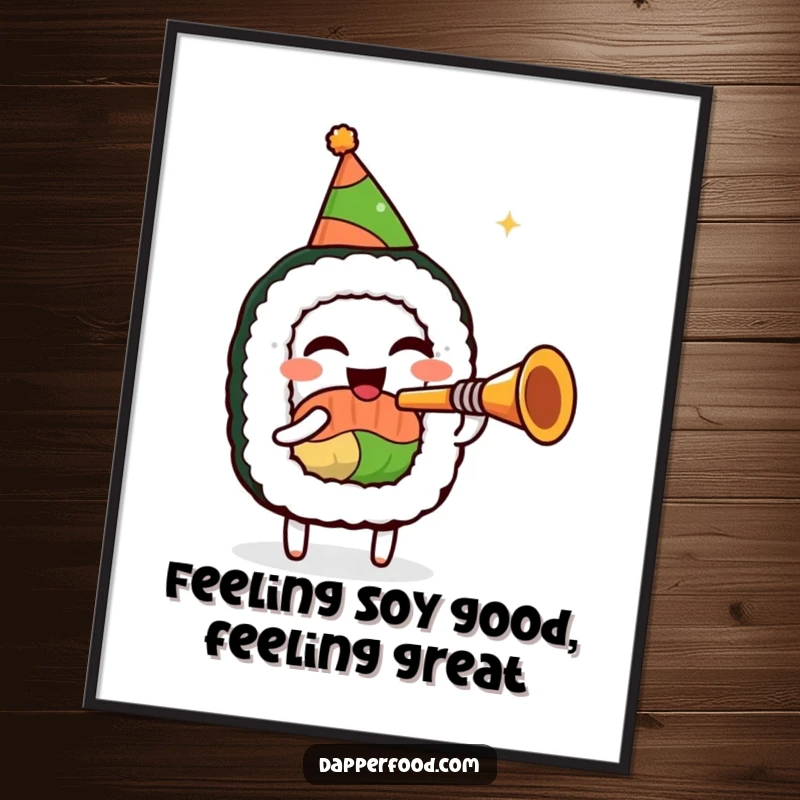 Funny Free Printable Wall Art: A sushi roll in a party hat energetically playing a miniature trumpet, a cheerful and quirky design.