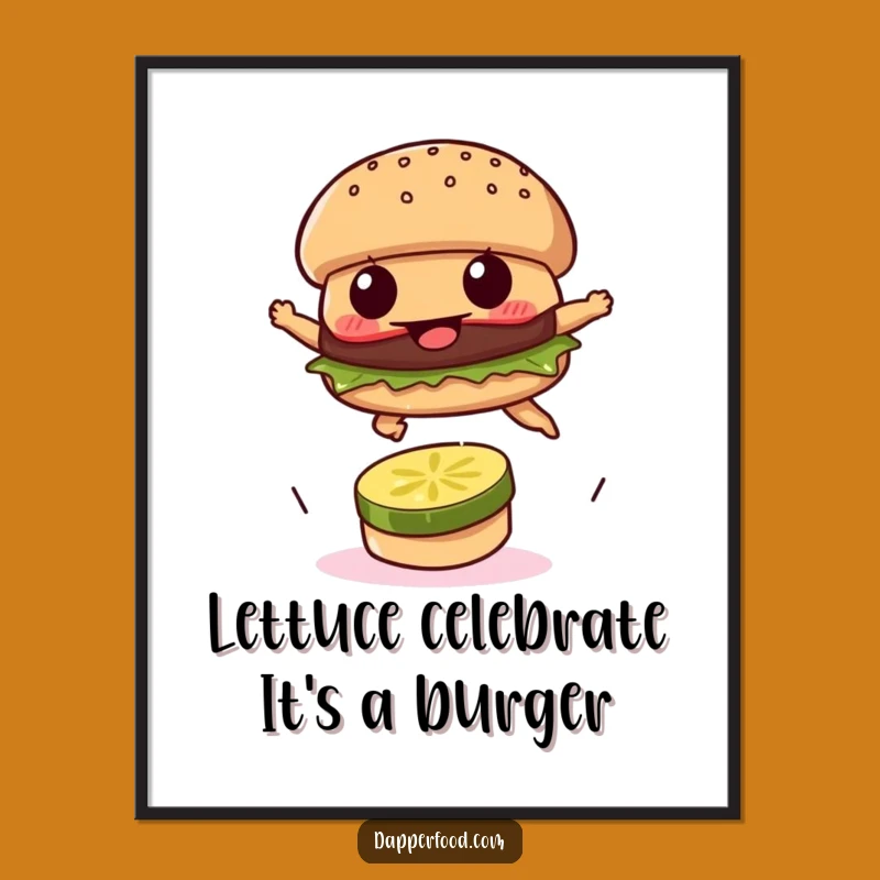 Free Printable Burger Wall Art: Funny Leaping Patty Downloadable Decor