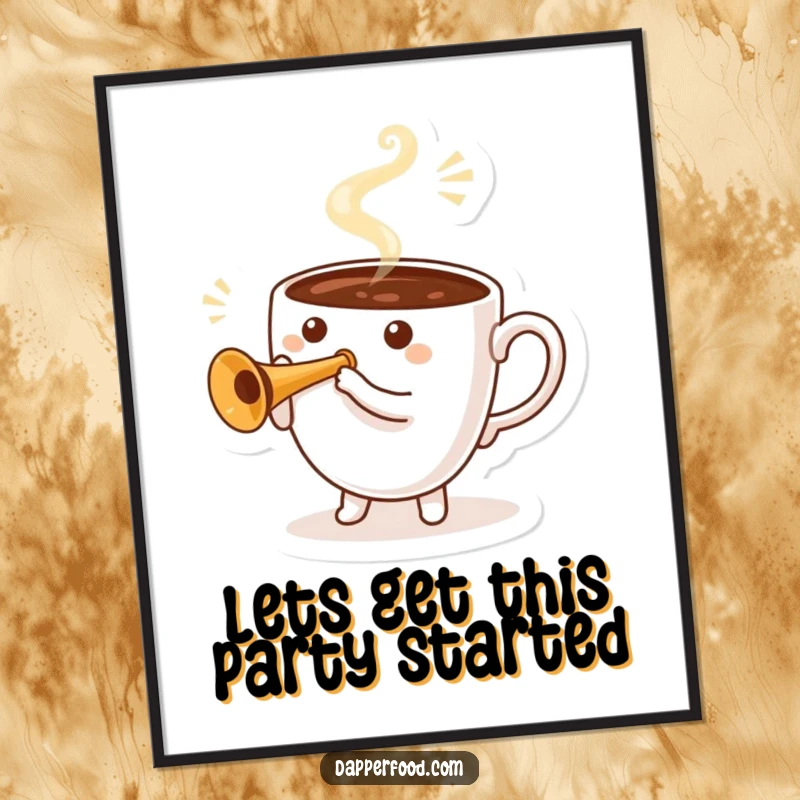Funny Free Printable Wall Art depicting a coffee cup character joyfully playing a miniature trumpet with swirling steam.