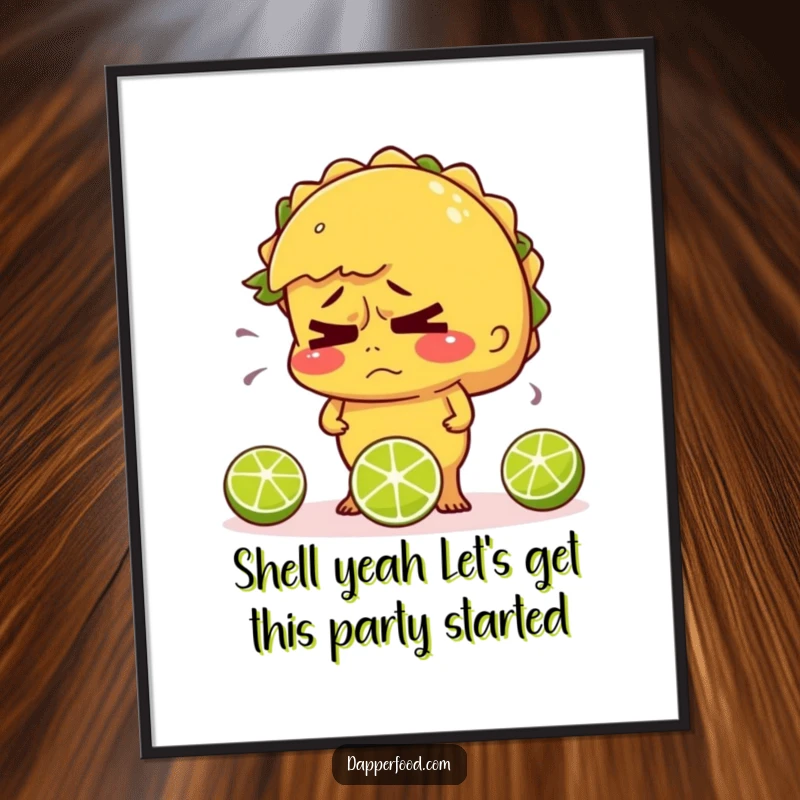 Funny Free Printable Wall Art: Nervous taco sweating and struggling to juggle three tiny limes.