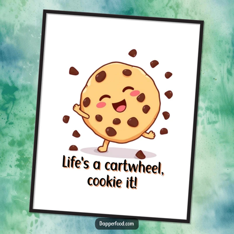Funny Free Printable Wall Art: An anthropomorphic cookie with chocolate chips attempting a cartwheel.