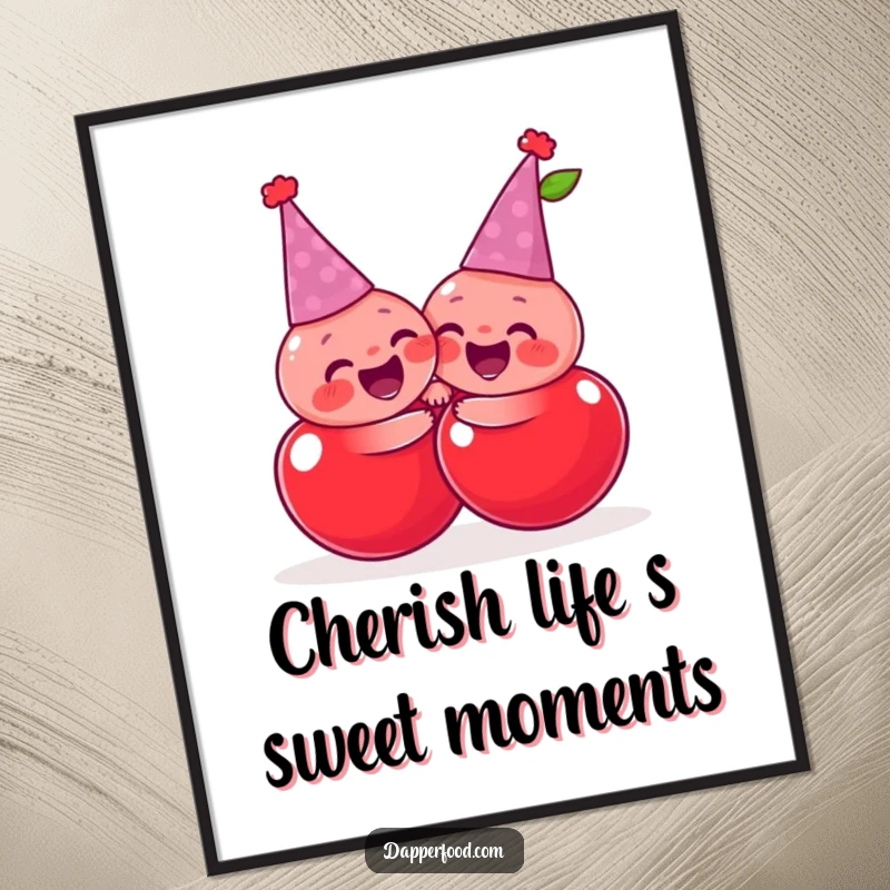Funny Free Printable Wall Art: Giggling pair of cherries in tiny party hats sharing a joyful, exaggerated hug, looking very happy.