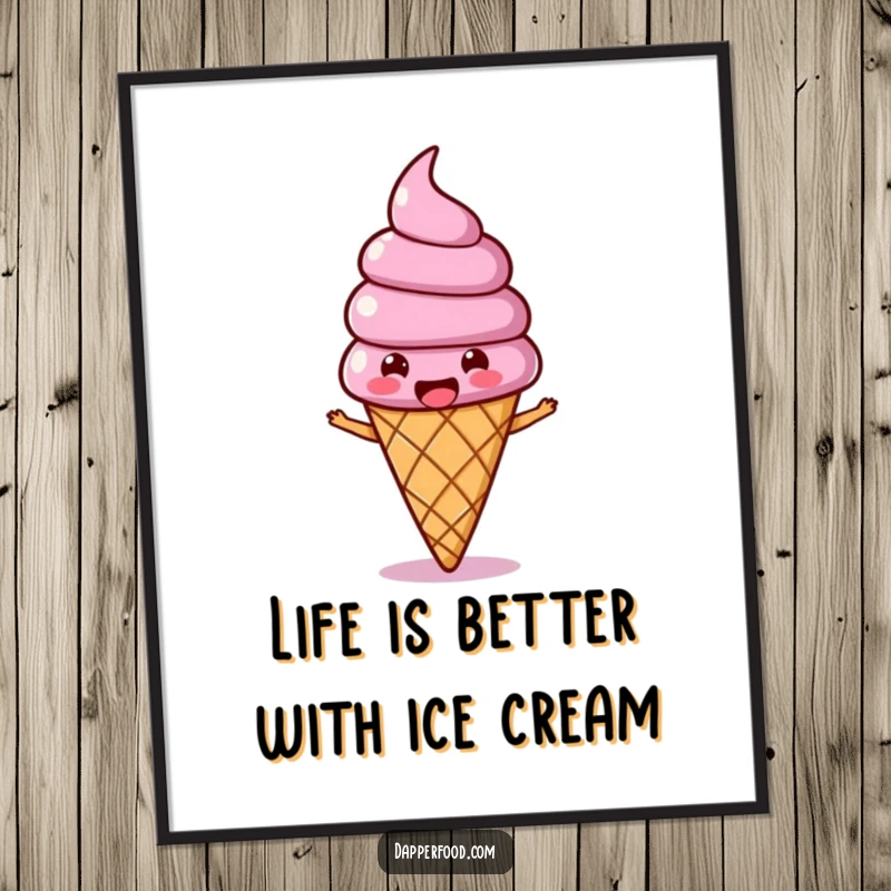 Funny Free Printable wall art of a joyous ice cream cone character, its topping wobbling as it bops along happily.