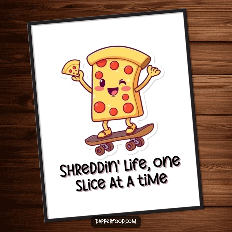 Funny Free Printable Wall Art: Pizza slice character balancing on a skateboard, one slice extended upwards, stylish decor.