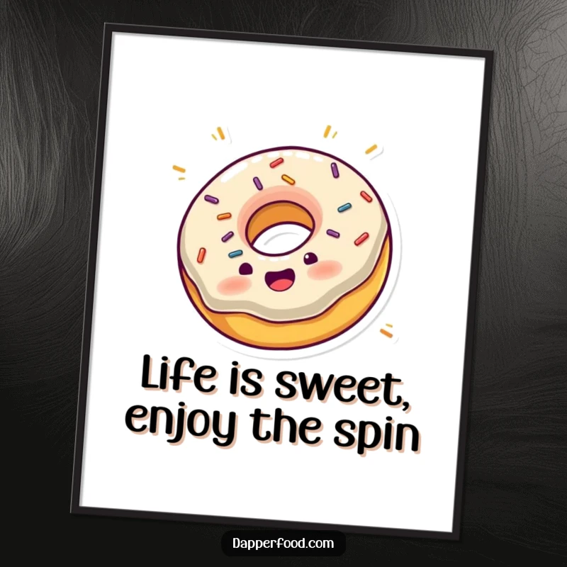 Funny free printable wall art: A donut with colorful sprinkles spinning joyfully on its edge, vibrant and fun.