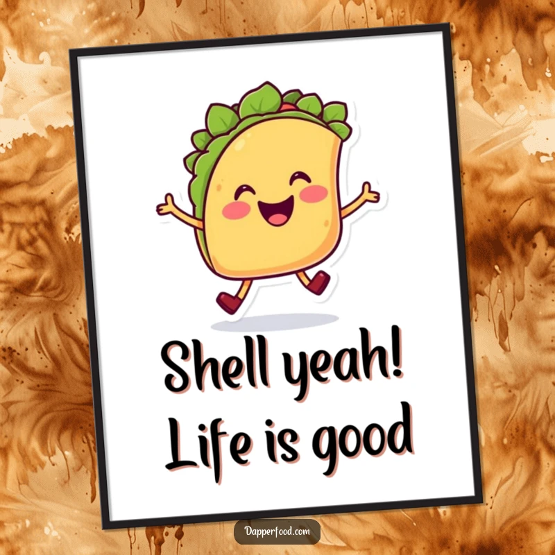 Funny Free Printable wall art of a cheerful smiling taco character with legs doing a joyful hop, spreading happiness.