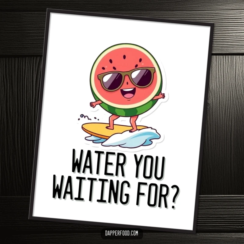 Funny Free Printable Wall Art: An anthropomorphic watermelon slice with sunglasses surfing a small wave.