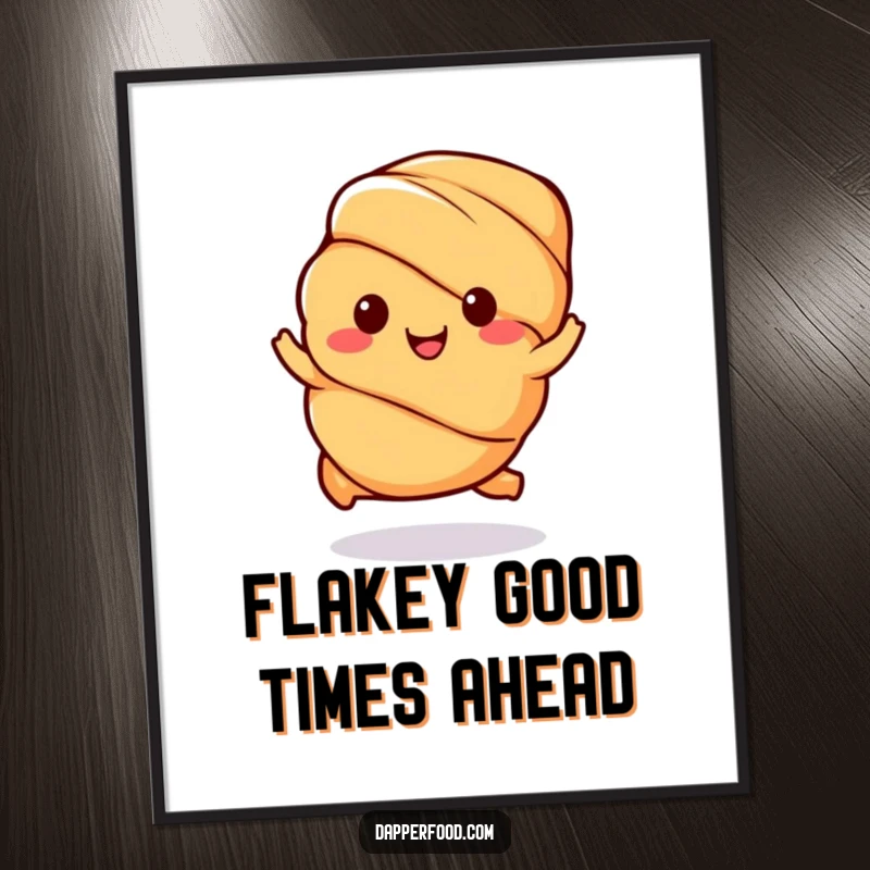 Funny Free Printable Wall Art: Kawaii croissant character happily hopping, cute pastry art.