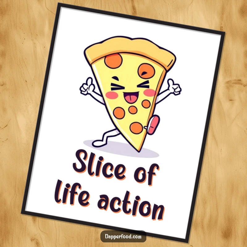 Funny Free Printable Wall Art: Kawaii pizza slice with a determined grin performing a dynamic kick, energetic decor.