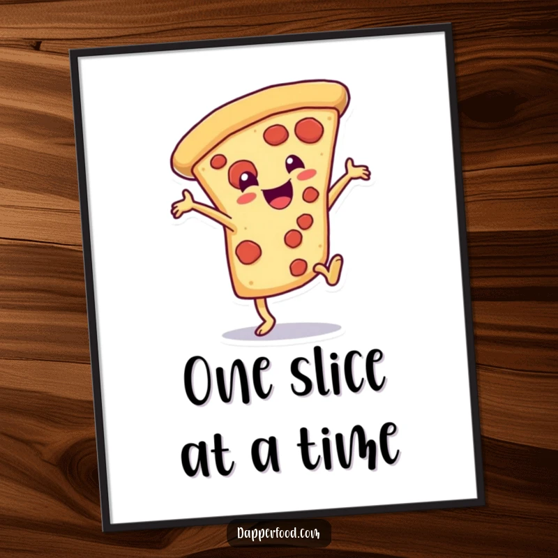 Funny Free Printable Wall Art: A delighted pizza slice performs a dramatic cartwheel with energetic flair.