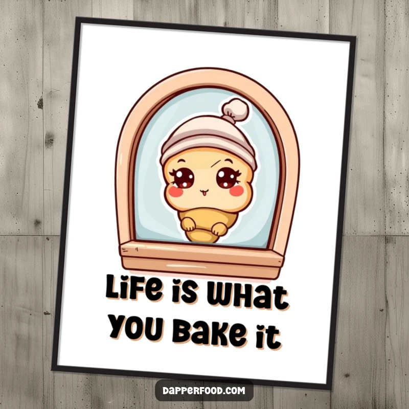 Funny Free Printable Wall Art: A curious croissant character with eyes and a tiny hat peeks playfully from a bakery window.