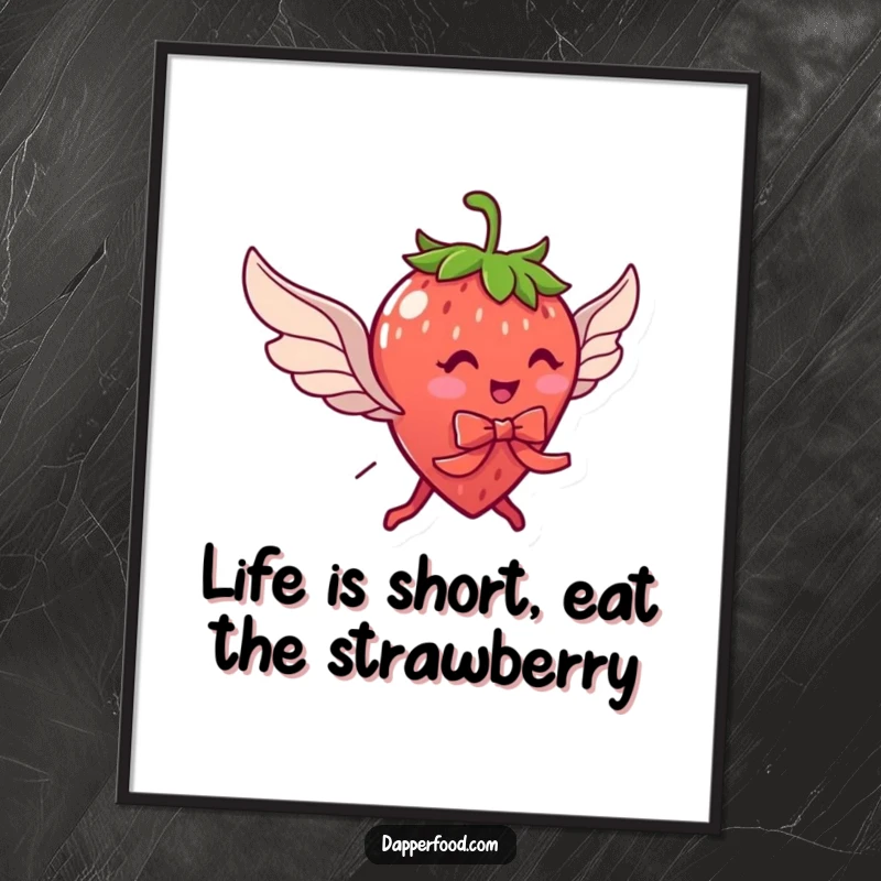 Funny Free Printable Wall Art: A sweet strawberry with wings and a ribbon attempts to fly, looking cheerfully determined.