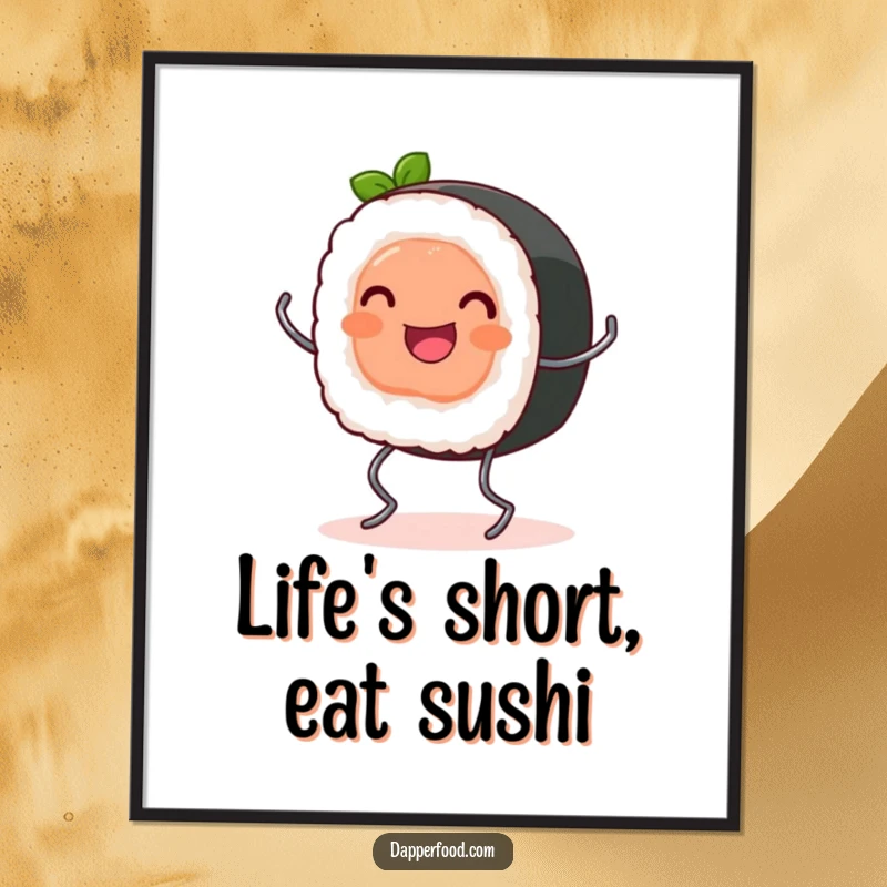 Funny free printable wall art: a happy sushi roll bounces energetically on tiny spring legs, bringing a whimsical touch to any room.