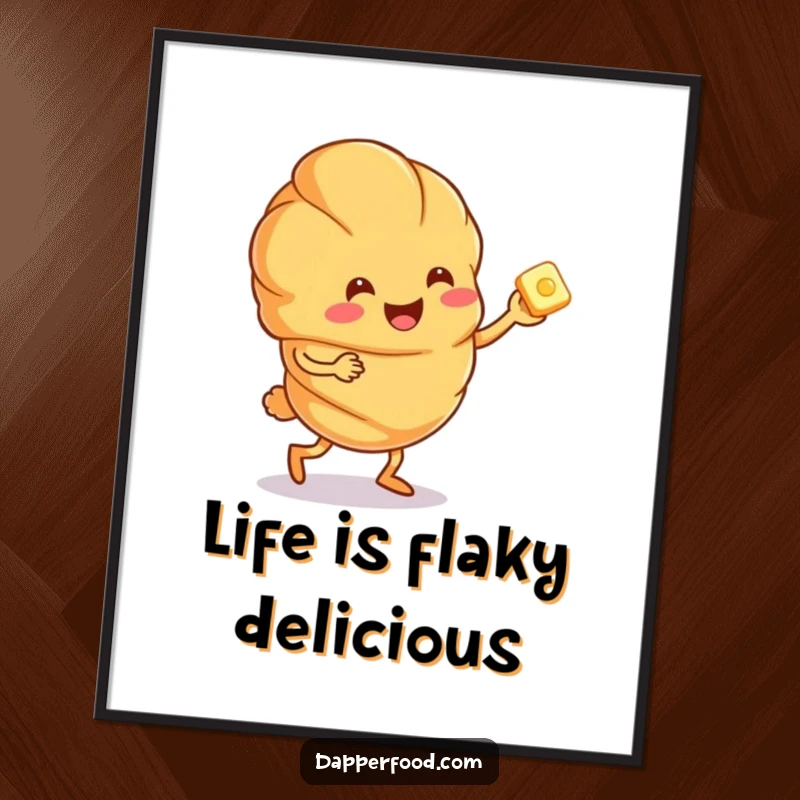 Funny free printable wall art: A happy croissant character doing a joyful jig, holding a tiny pat of butter.