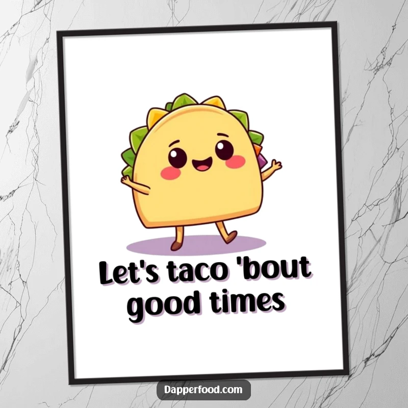 Funny free printable wall art: a cheerful taco with legs salsa dances with a smiling burrito, creating a lively Mexican food fiesta.