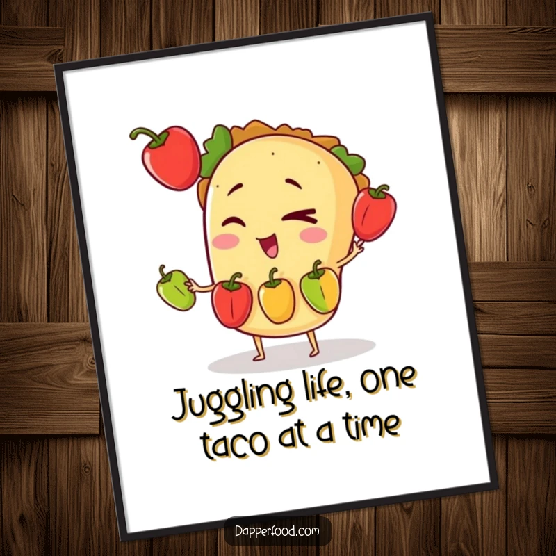 Funny Free Printable Wall Art: Winking taco character attempting to juggle three tiny bell peppers, vibrant and playful.